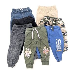 Toddler Boys 7 Pair Pants Khaki Jeans Sweats Joggers Bundle Lot Sizes 18Mos-2T